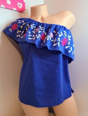 LOFT Royal Blue One-Shoulder Ruffle Top with Pink Floral Embroidery Size M